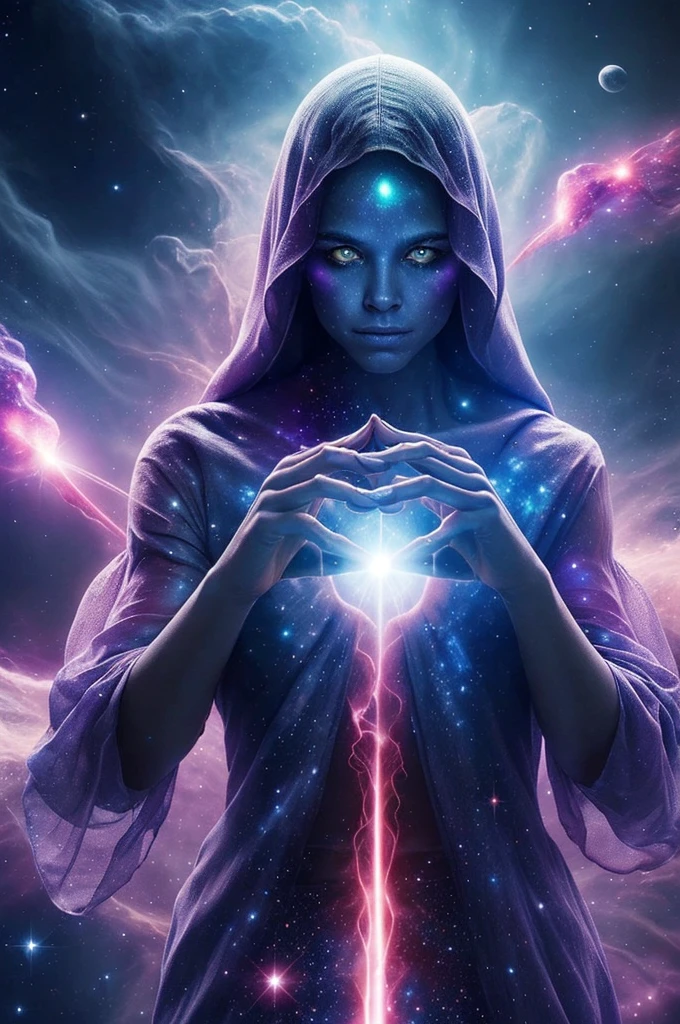 Nebula sorceress A woman with eyes that glow like dying stars, her hands wreathed in nebulous clouds, casting spells that shape the very fabric of space and time.