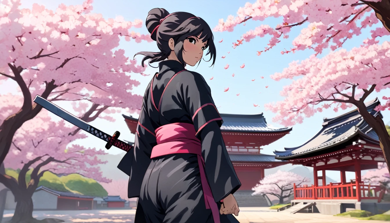 Female Ninja,Cherry blossoms and Japanese temple