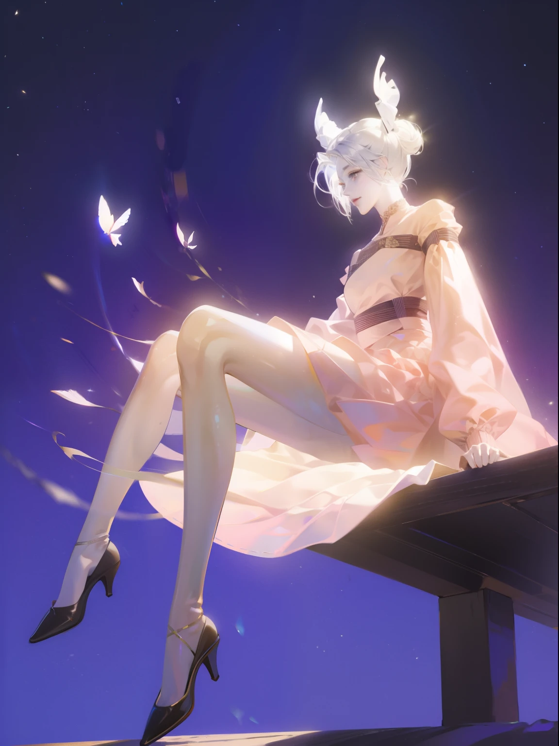 1 girl，Shimizu，Blue Butterfly，Pure white gauze skirt，shining，Sitting in the air，Long skirt
