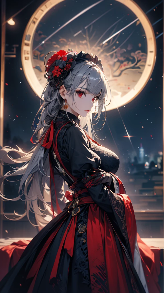 masterpiece, high quality, 4K, Beautiful design, silhouette,Gray Hair, 非常に詳細な夜のStarry Sky,Flower Field, wonderful, Finer details, Very knowledgeable woman, Highly detailed solo, 1 female,Red eyes,Big Breasts,Blue Gothic ta Fashion,Night view,Starry Sky,Red full moon,