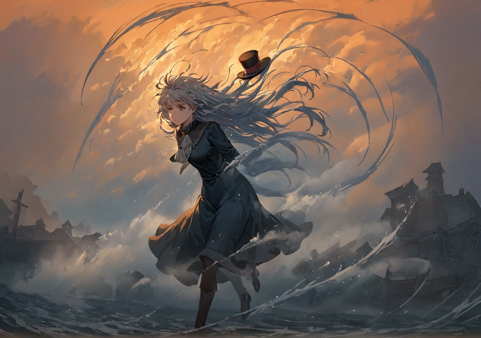 There are paintings of women wearing dresses and top hats., The 13th Doctor resurrects, windy day, Inspiration from Richard Doyle, Anime girl is running., The weather is windy., The wind is blowing, cold storm wind, Female protagonist 👀 :8, , during a storm, fan art, The wind is blowing and hair flowing splash art เติมก้อนหินไว้ตรงข้างๆทั้งซ้ายและขวา มีฉากหลังเป็นป่า
