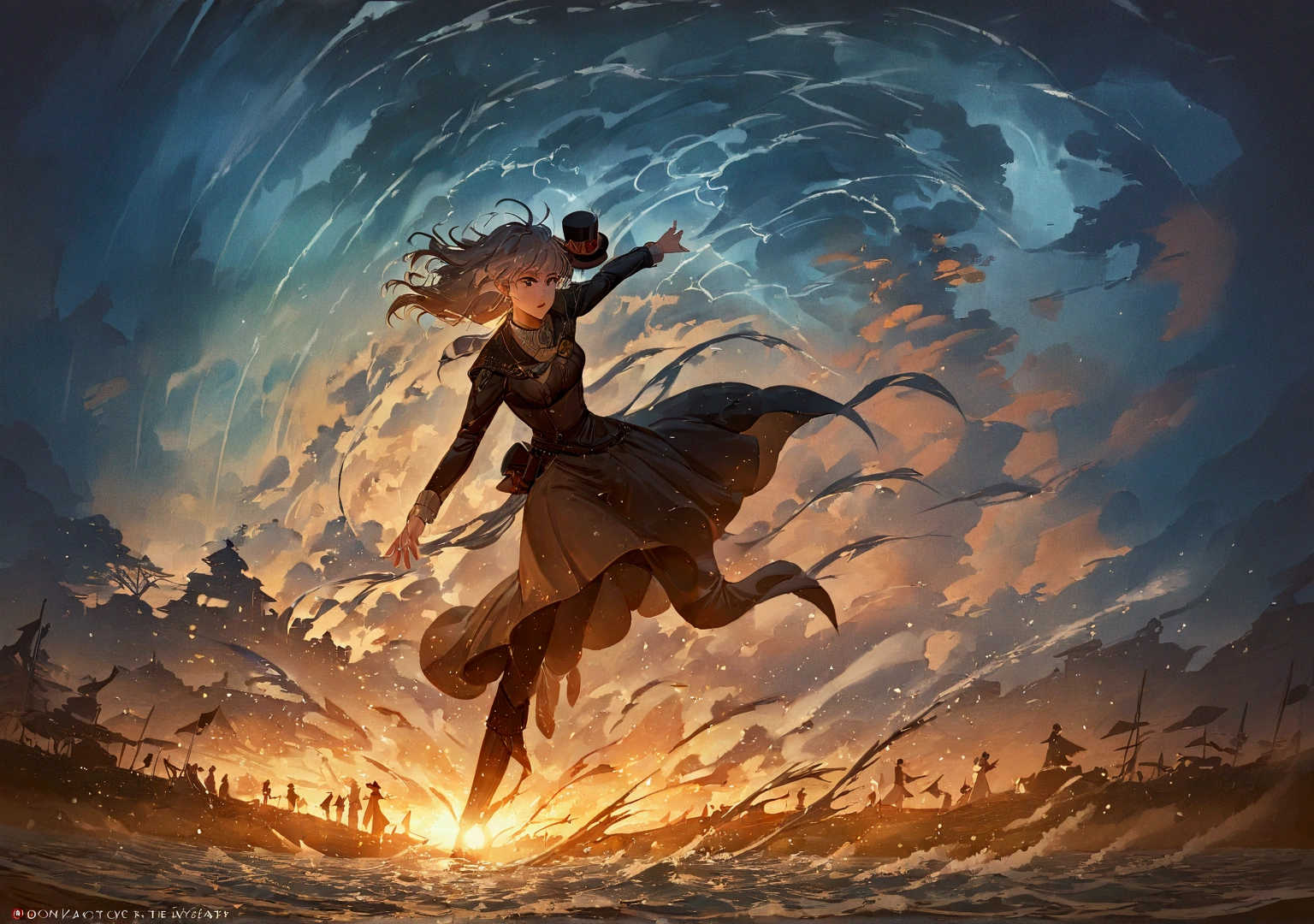 There are paintings of women wearing dresses and top hats., The 13th Doctor resurrects, windy day, Inspiration from Richard Doyle, Anime girl is running., The weather is windy., The wind is blowing, cold storm wind, Female protagonist 👀 :8, , during a storm, fan art, The wind is blowing and hair flowing splash art เติมก้อนหินไว้ตรงข้างๆทั้งซ้ายและขวา มีฉากหลังเป็นป่า
