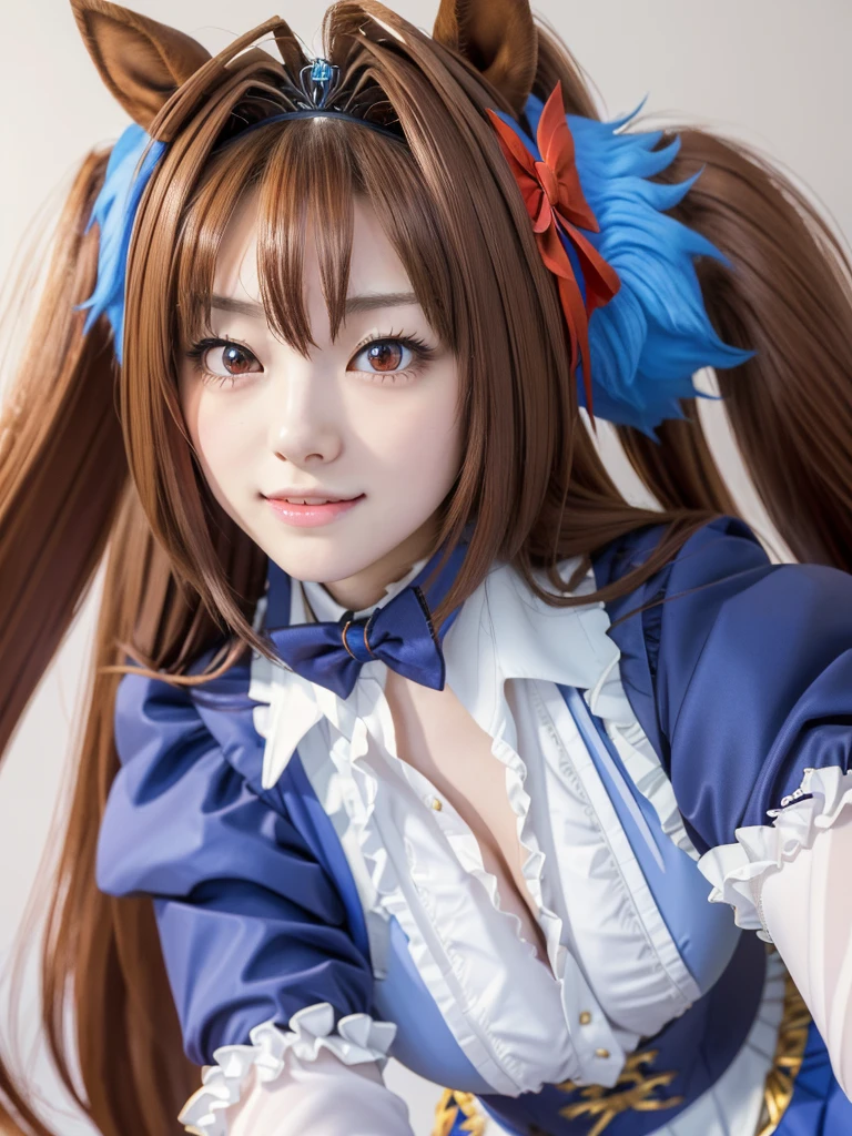 daiwa scarlet, brown hair, hair intake, (red eyes:1.3), long hair, twintails, animal ears, horse girl,
BREAK (Highest quality, 16K, masterpiece:1.55), Ultra detailed face, Detailed lips, Detailed eyes, double eyelid,
BREAK (Happy smile:1.2), upper body, (Seductive pose:1.6), (low angle shot, dutch angle, dynamic angle:1.5),
BREAK 1girl, 18years old, full Breasts, Lanky Height, (big hips:1.35),
BREAK tiara, Horse tail, Epaulettes, Garter Straps, Long sleeve, Large Breasts, Red eyes, bow tie, Puff sleeves, Blue jacket, White knee socks, Center frill, White shirt, White Skirt, Blue Skirt, Hair Ribbon,