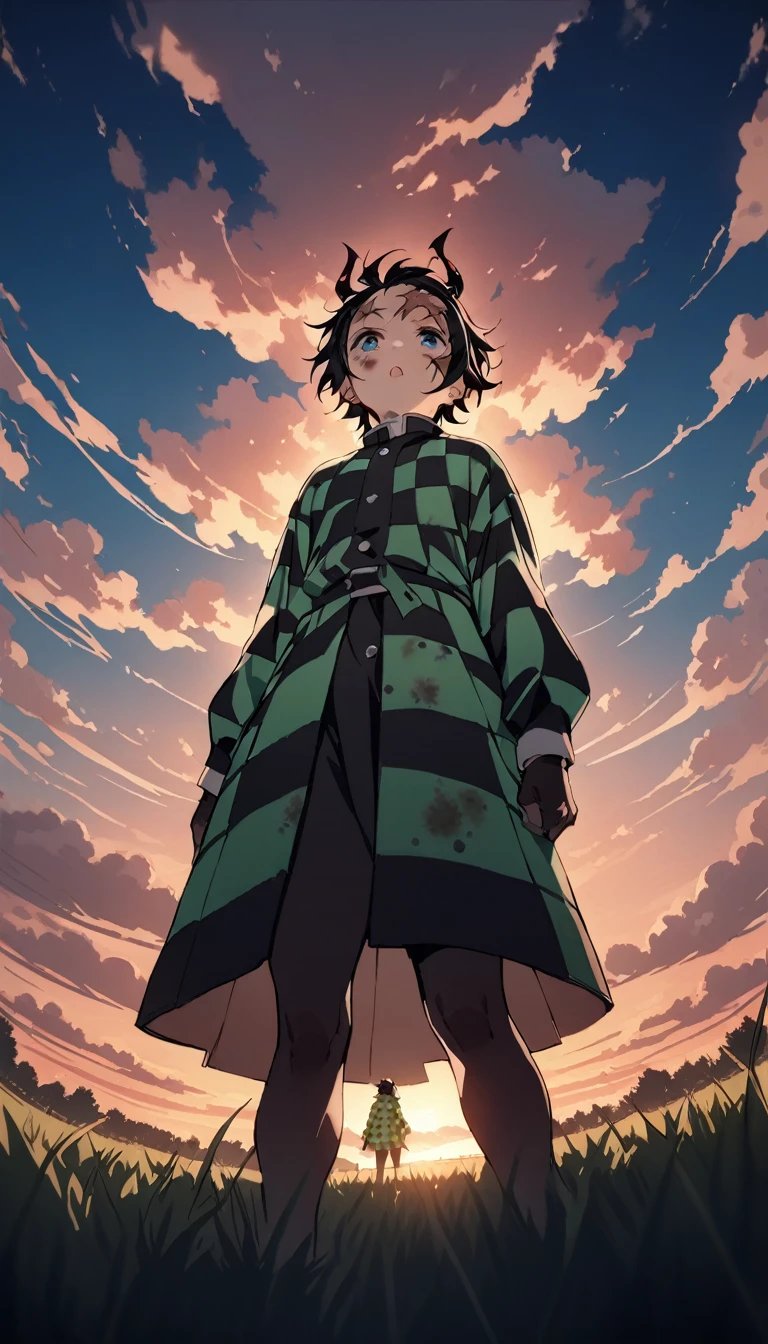 Tanjiro wearing full demon slayer uniform (green and black checkered coat), scar on forhead, standing in the plain grass looking up in to the sky with pure blue clouds and the clouds are forming, dirty face, cinematic angle, foreshortening, dark, masterpiece, best quality,cinematic, sunset