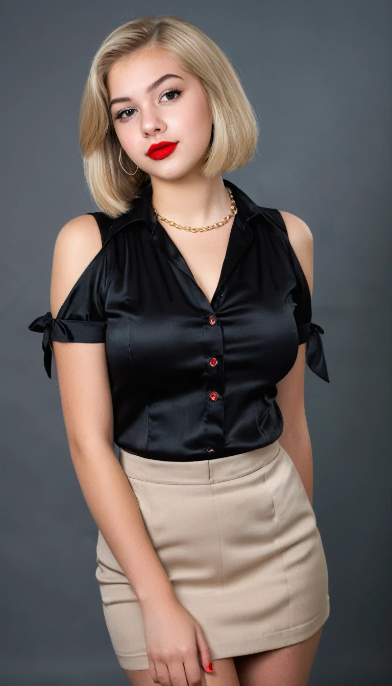 ultrarealistic high quality mugshot photo of a beautiful busty european 18-year-old girl with cute hyperdetailed shy happy face and shoulder length platin-blonde classic bob and long legs, realistic round eyes, red lipgloss, decent makeup with eyeliner, wearing black button-up satin blouse, cleavage, hourglass body, indoor office photography