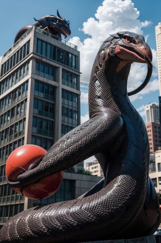 there is a cobra that is sitting on a building with a red ball, serpente, cobra machine, eugene gottcobra, cobra, giant cobra castle, arte representando maníaco por controle, giant cobra, cobra art, arte dos anos 80, jormungandr, Ouroboros, cobra van, Naga, cobra head, Naga-tirr, Shin megami tensei