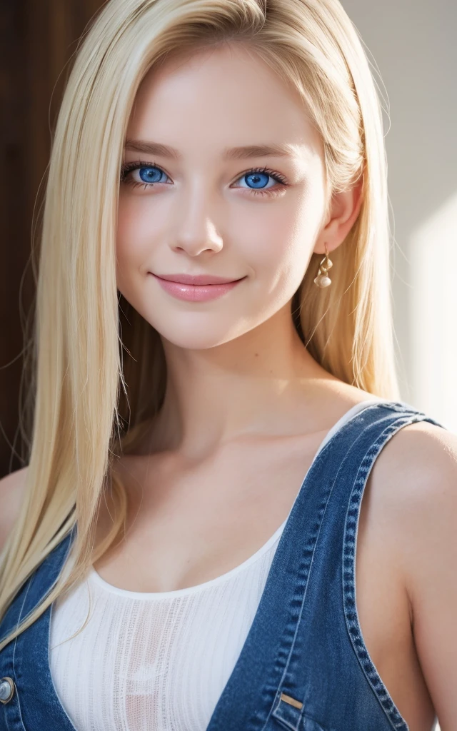 girl, smile, white bodysuit, blonde, blue eyes, Hyper Realistic
