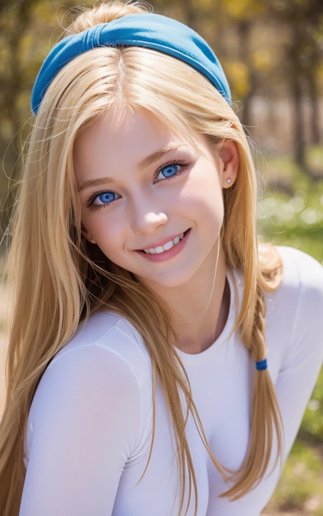 girl, smile, white bodysuit, blonde, blue eyes, Hyper Realistic