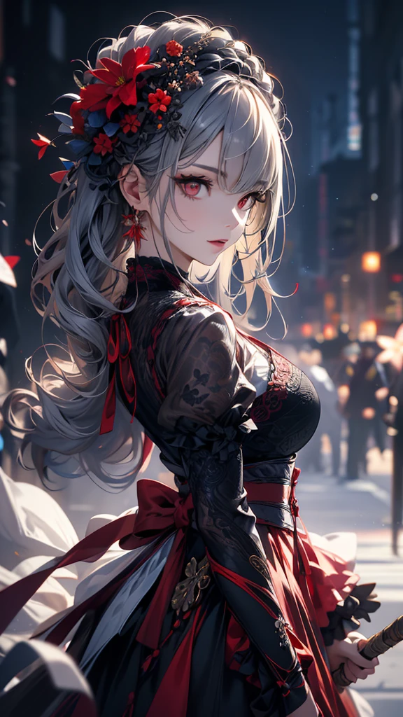 masterpiece, high quality, 4K, Beautiful design, silhouette,Gray Hair, 非常に詳細な夜のStarry Sky,Flower Field, wonderful, Finer details, Very knowledgeable woman, Highly detailed solo, 1 female,Red eyes,Big Breasts,Blue Gothic ta Fashion,Night view,Starry Sky,Red full moon,