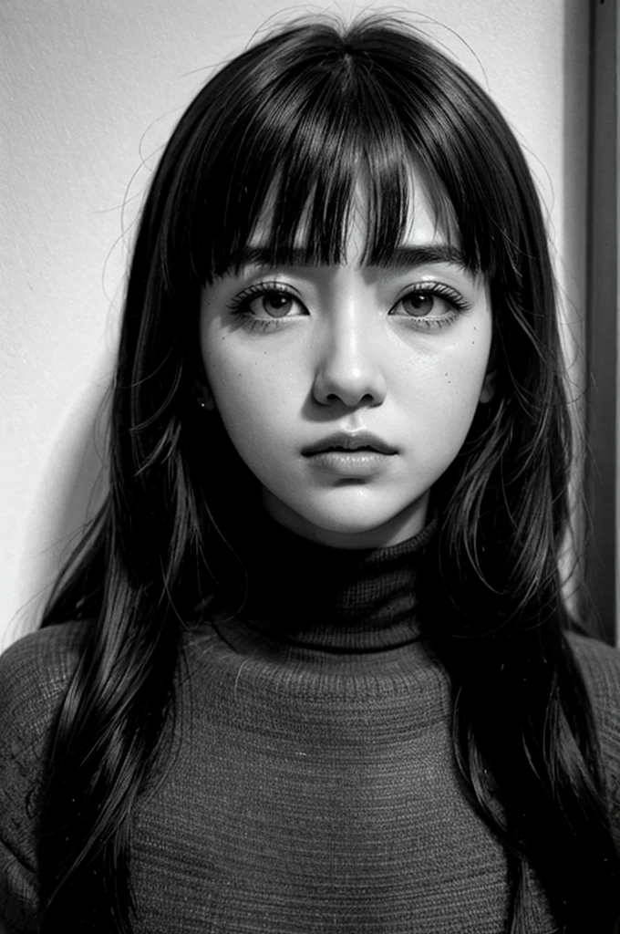 1girl, chichi, serious face,solo, monochrome, greyscale, long hair, portrait, turtleneck, closed mouth, bangs, looking at viewer, blunt bangs, sketch, graphite \(medium\), lips, hatching \(texture\)