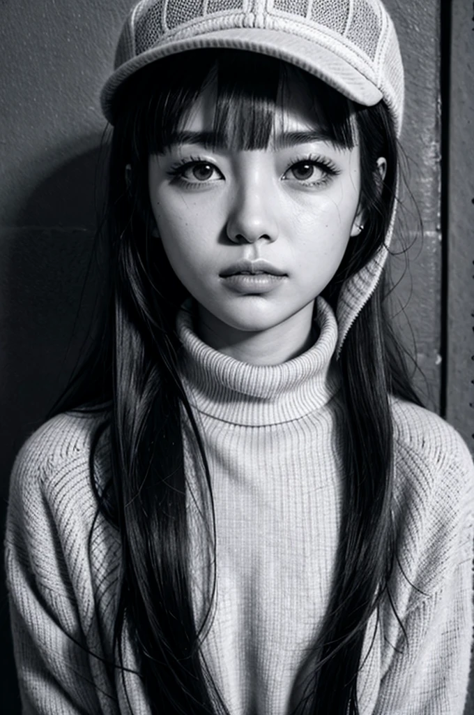 1girl, chichi, serious face,solo, monochrome, greyscale, long hair, portrait, turtleneck, closed mouth, bangs, looking at viewer, blunt bangs, sketch, graphite \(medium\), lips, hatching \(texture\)