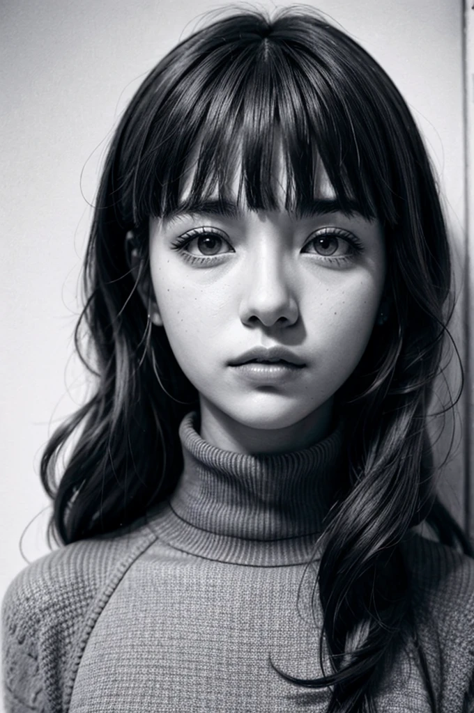 1girl, chichi, serious face,solo, monochrome, greyscale, long hair, portrait, turtleneck, closed mouth, bangs, looking at viewer, blunt bangs, sketch, graphite \(medium\), lips, hatching \(texture\)