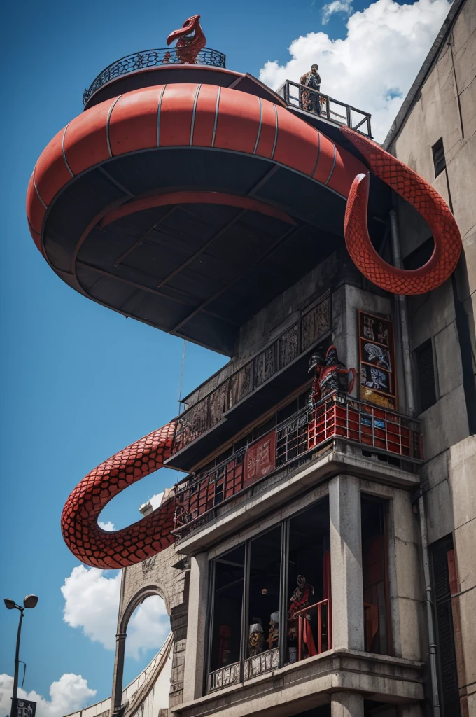 there is a cobra that is sitting on a building with a red ball, serpente, cobra machine, eugene gottcobra, cobra, giant cobra castle, arte representando maníaco por controle, giant cobra, cobra art, arte dos anos 80, jormungandr, Ouroboros, cobra van, Naga, cobra head, Naga-tirr, Shin megami tensei
