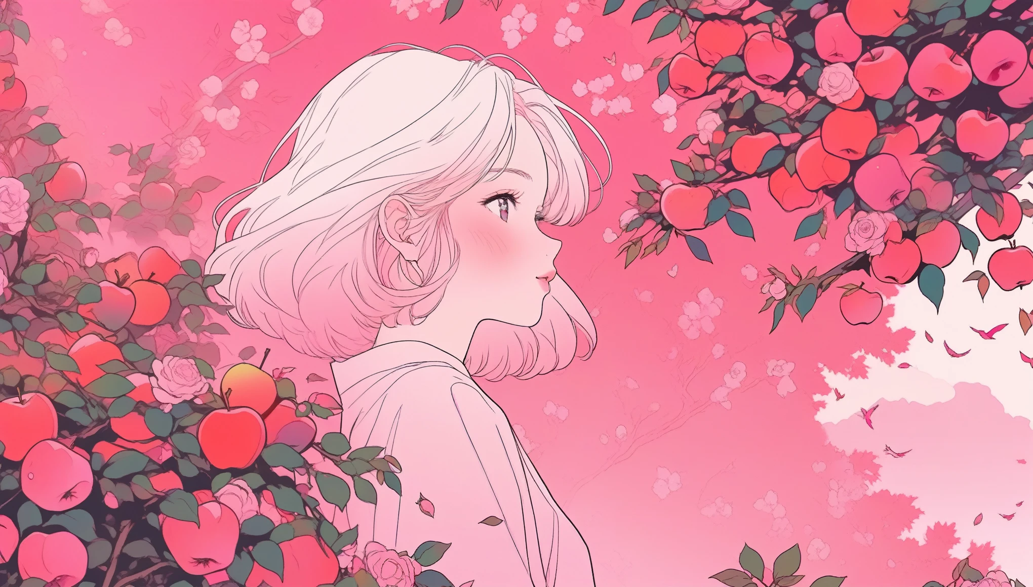 ilustrador, Japanese cartoons , Practical ,sketch , 1 Girl, ,lips, Order, pink gradient background, There are many apples on the rose trees around，Neon hair,Texture cropping, Canada, (In the flowers,best quality)，16:9 Landscape screen，