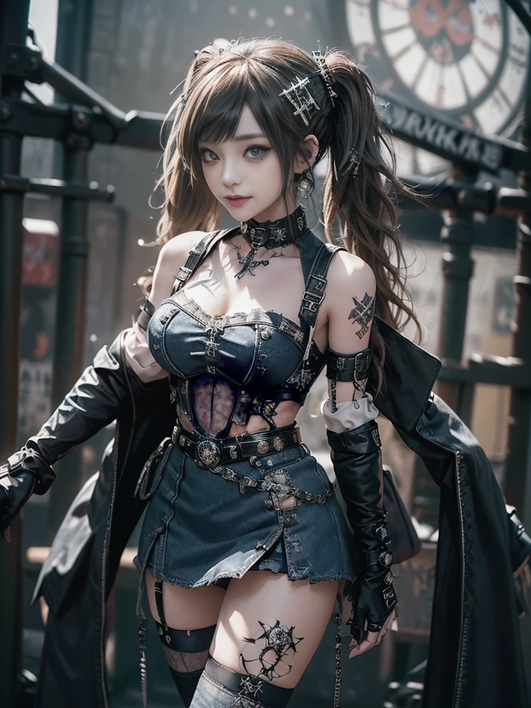 (Smiling with teeth showing:1.3),(Shibuya Gal:1.5)、(Stewardess Uniform:1.3)、(Gothic ta style fashion:1.5)、(Punk RockVisual Kei:1.4)、(Denim and black and white medieval noble mini skirt dress:1.5)、(Denim with black and white medieval gloves and bustier:1.5)、(Denim high heels:1.3)、(Wearing silver accessories:1.5)、(Denim collar:1.4)、(Black Leather Garter Belt:1.4)、(Brown Skin Belt:1.3)、(Black lace underwear:1.5)、20-year-old、NSFW、((Highest quality、In 8K、masterpiece:1.3))、Sharp focus:1.2、(Layered Cut、Huge boobs:1.1),Beautiful woman with perfect figure:1.4、(Dancing vigorously:1.3)、Slender Abs:1.2、Highly detailed face and skin texture、Detailed eyes、double eyelid,(Twin tails:1.3)、(Brown-golden hair:1.3)、Gravure idol、(The background is the Takarazuka Revue stage.:1.3)、(Slim Body:1.2),(Make your legs thinner:1.4),（clavicle:1.1）