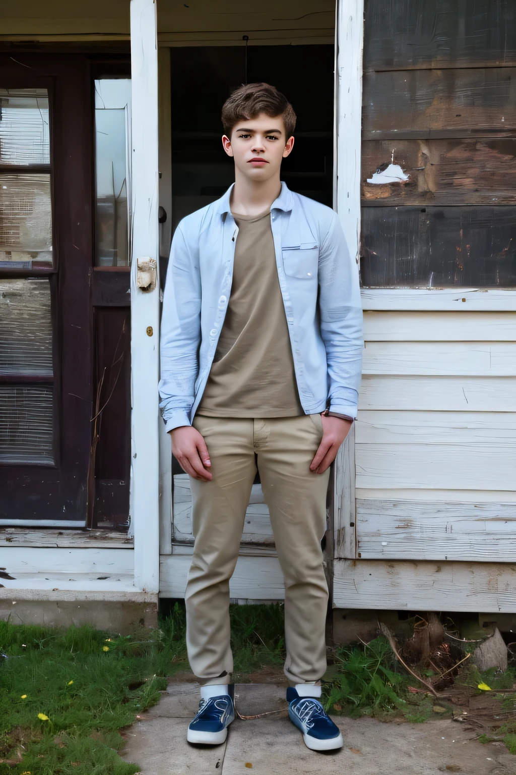 Realistic photo of solo handsome teenage men ,Standing In front of an abandoned house ,daytime