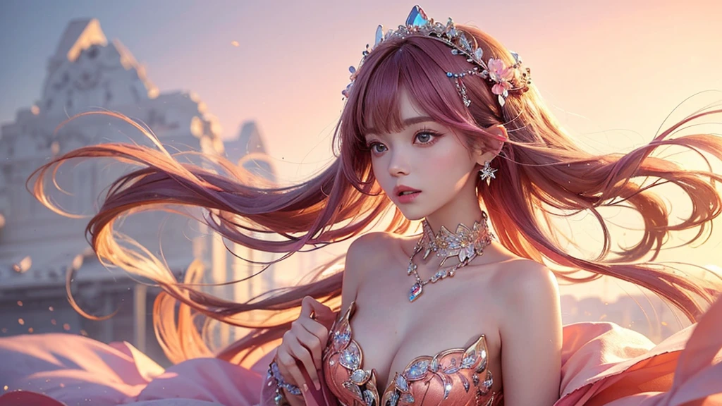 Highest quality，masterpiece，16K，One girl, bangs, Exposing shoulders, chest, flower, dress, From the side, gem,Colorful crystals,Crystal Headwear,There are many 結晶s on the clothes,Colorful gradient hair,カラフルなdress,Colorful crystals floating,Body crystals,Crystal Necklace,Colorful crystallization decoration,crystalline girl, jewelry, Long Hair, compensate, medium chest, Pink Hair, alone, Pale pink and pale orange background,