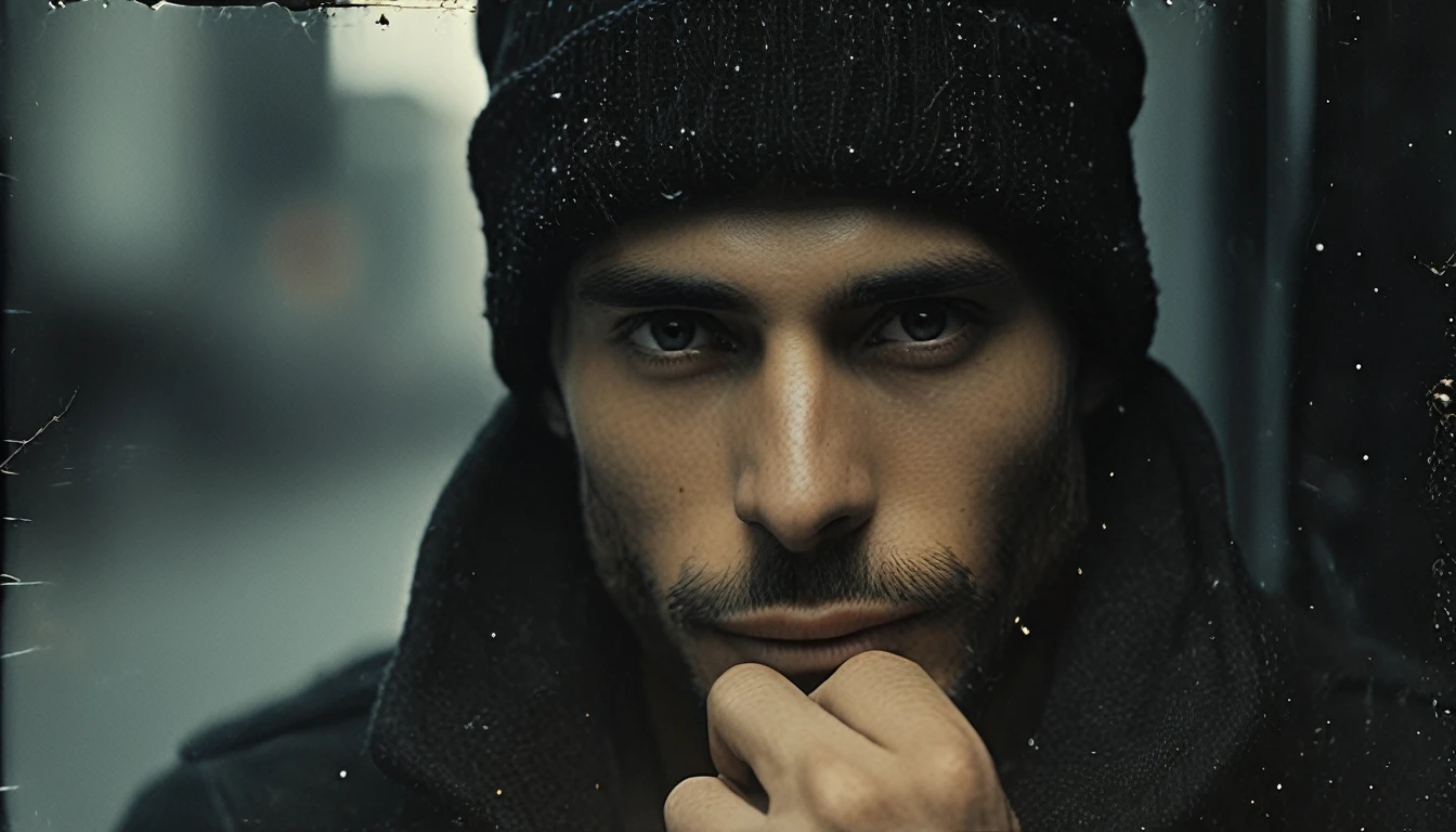 image of a man, thoughtful expression, covering half of his face with his hand, black knit cap, black background to emphasize facial details and create a mysterious vibe, hyper realistic, UHD --ar 9:16