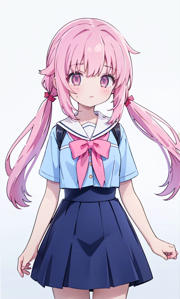 1girl,pink hair, pink eyes,hair bow,sidelocks,twintails,ponytail,shiny hair,
,red bowtie,blue skirt,blue shirt,pleated skirt,short sleeves,looking at viewer, high-definition,masterpiece,best quality, masterpiece, best quality, high resolution, aabeta, double, white simple background, standing, slim waist, cute, sailor uniform, (PastelColors: 1.3)