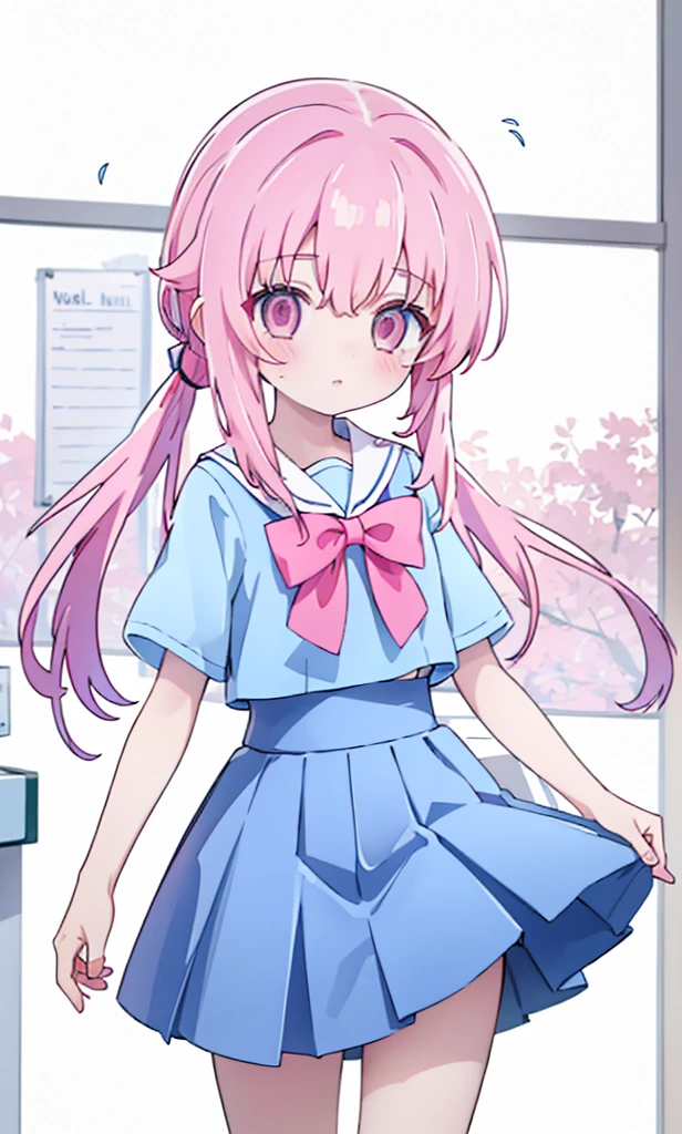 1girl,pink hair, pink eyes,hair bow,sidelocks,twintails,ponytail,shiny hair,
,red bowtie,blue skirt,blue shirt,pleated skirt,short sleeves,looking at viewer, high-definition,masterpiece,best quality, masterpiece, best quality, high resolution, aabeta, double, white simple background, standing, slim waist, cute, sailor uniform, (PastelColors: 1.3)