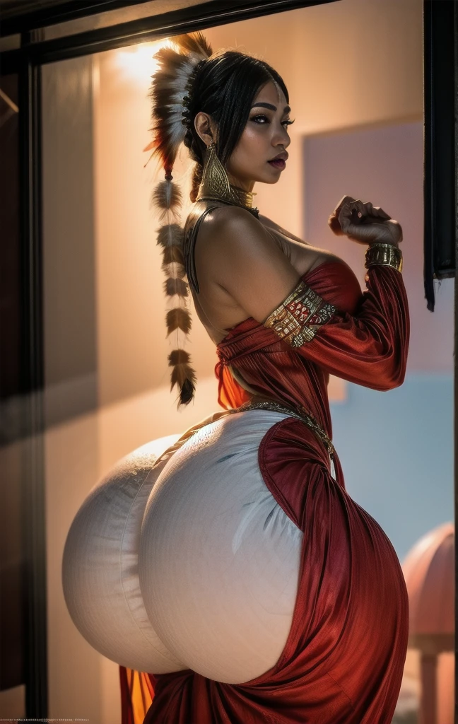 Beautiful Cherokee Indian woman with beautiful terracotta colored headdresses, blackw, doradas, cobre, Pearl, white and beige, feathers made of bright neon of various colors, flares on camera, bokeh, full moon night