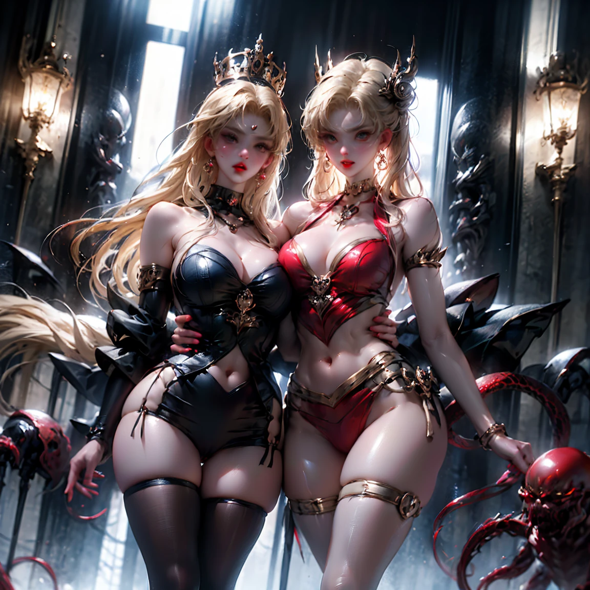 Ultra-clear,Super Resolution,Cute girl,Two girls close contact, 2 girls hugging,Two complete female bodies, Complete two female bodies, Female Love,Sexy, Off-shoulder, window, The rear window is backlit, (Rim Light), Deep understanding, lust, Very shy, ( Reflector lamp), Long legs and chest), Slim waist, Perfect body, Perfect hands, blond hair, purity, Jewelry, necklace, Earrings and Nipple Rings, crown, bookshelf, teapot, Magic Items,Mirror,snake,Tentacles,Cthulhu,Mucus,occultism,Low-light photography, Hip chuck, Glowing skin, Almost no clothes, 只穿Translucent clothing,Almost naked,Lopez, Pretty face, Sexual arousal, Sexual Expression, Hazy Beauty, Camel toe, Anatomically correct, 全身Female Love, Slender legs and waist,Big breasts and thin waist: 2,Sharp focus,The bones are straight,Correct body anatomy,Perfect anatomy,Bigger breasts,Big breasts are beautiful,Big Breasts,Especially huge,Sexual Positions,Translucent clothing,High slit,Sexy bulge,Thin legs,Thin ankles,Dramatic lighting,Vibrant details,Red Eyeshadow,make up,Full lips,Red lips, Super short hair: 2,chiffon,Tight waistband,chiffon手套,see through:2.0,blush,淡粉色Camel toe,Sex slave,Lewd,bursting massive breasts: 2, Sex addict,flush,Less clothing area