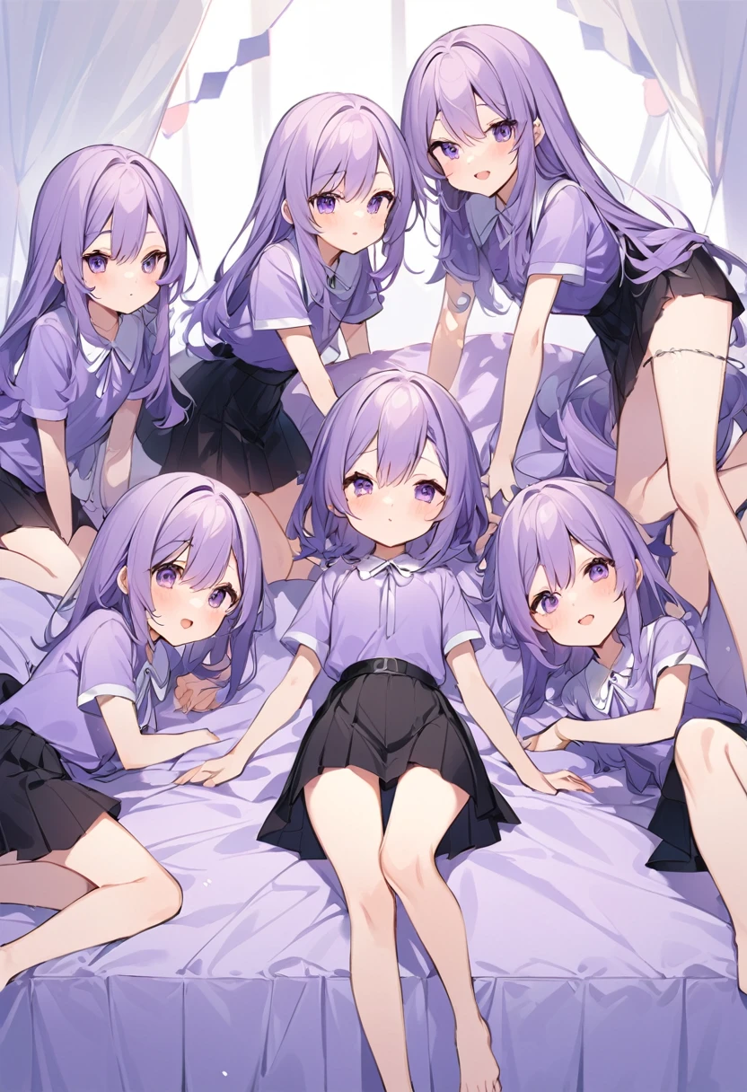 Keito。Purple hoodie。Black Skirt。Purple Eyes。barefoot。six sisters。They both have lavender hair。all female。Sextuplets。Purple bed