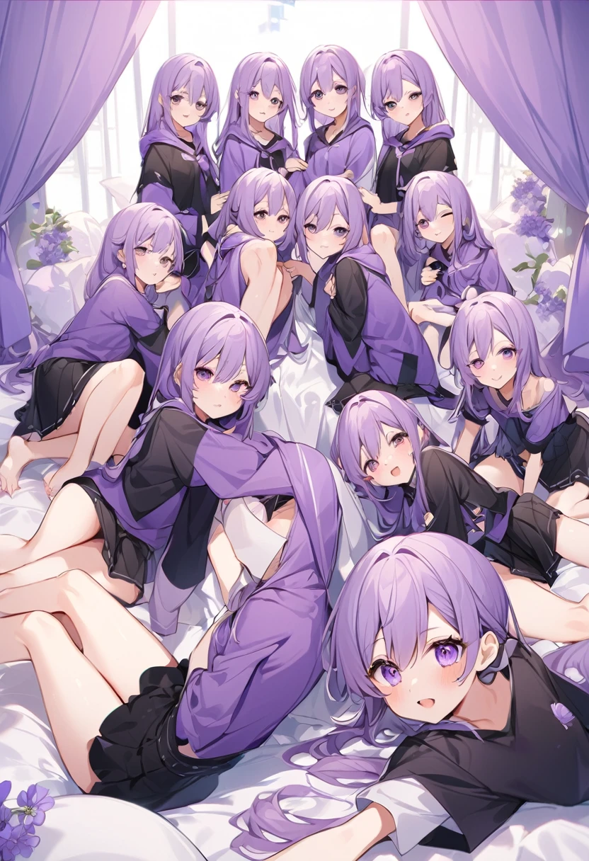 Keito。Purple hoodie。Black Skirt。Purple Eyes。barefoot。six sisters。They both have lavender hair。all female。Sextuplets。Purple bed