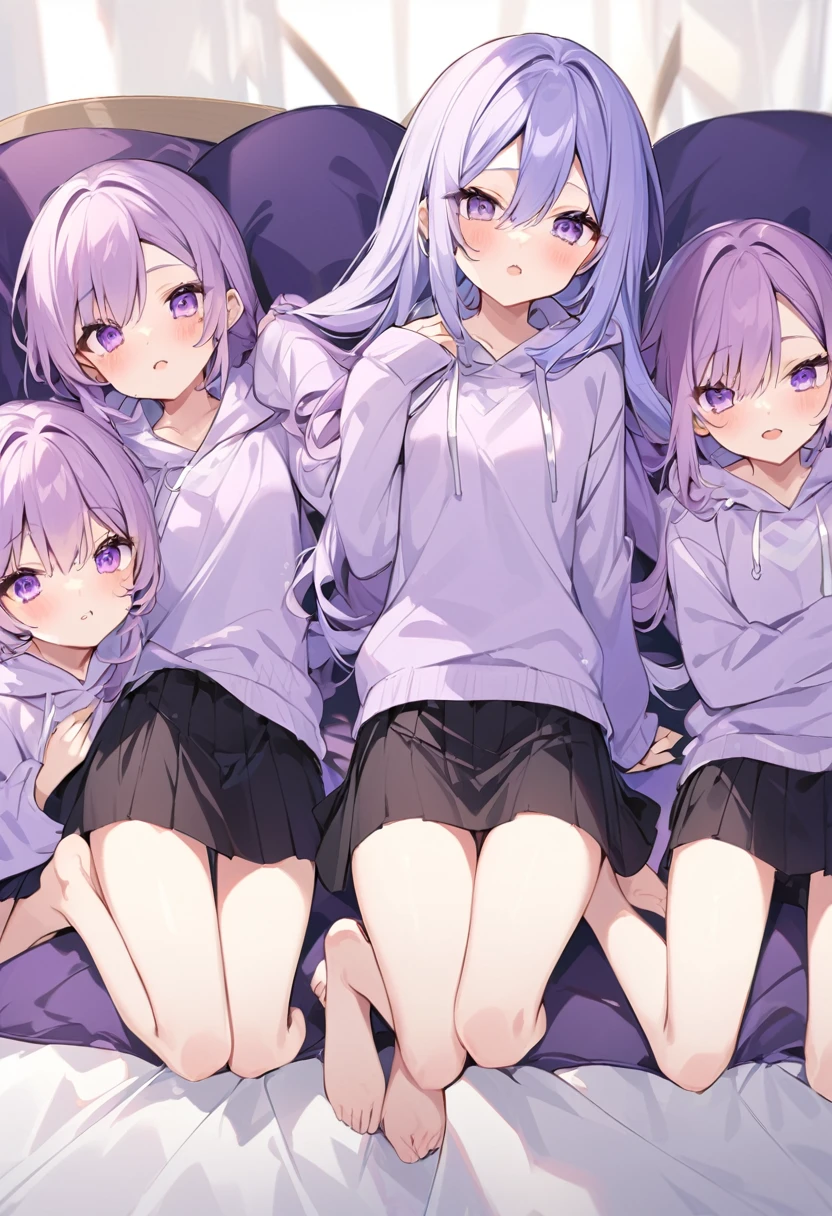 Keito。Purple hoodie。Black Skirt。Purple Eyes。barefoot。six sisters。They both have lavender hair。all female。Sextuplets。Purple bed