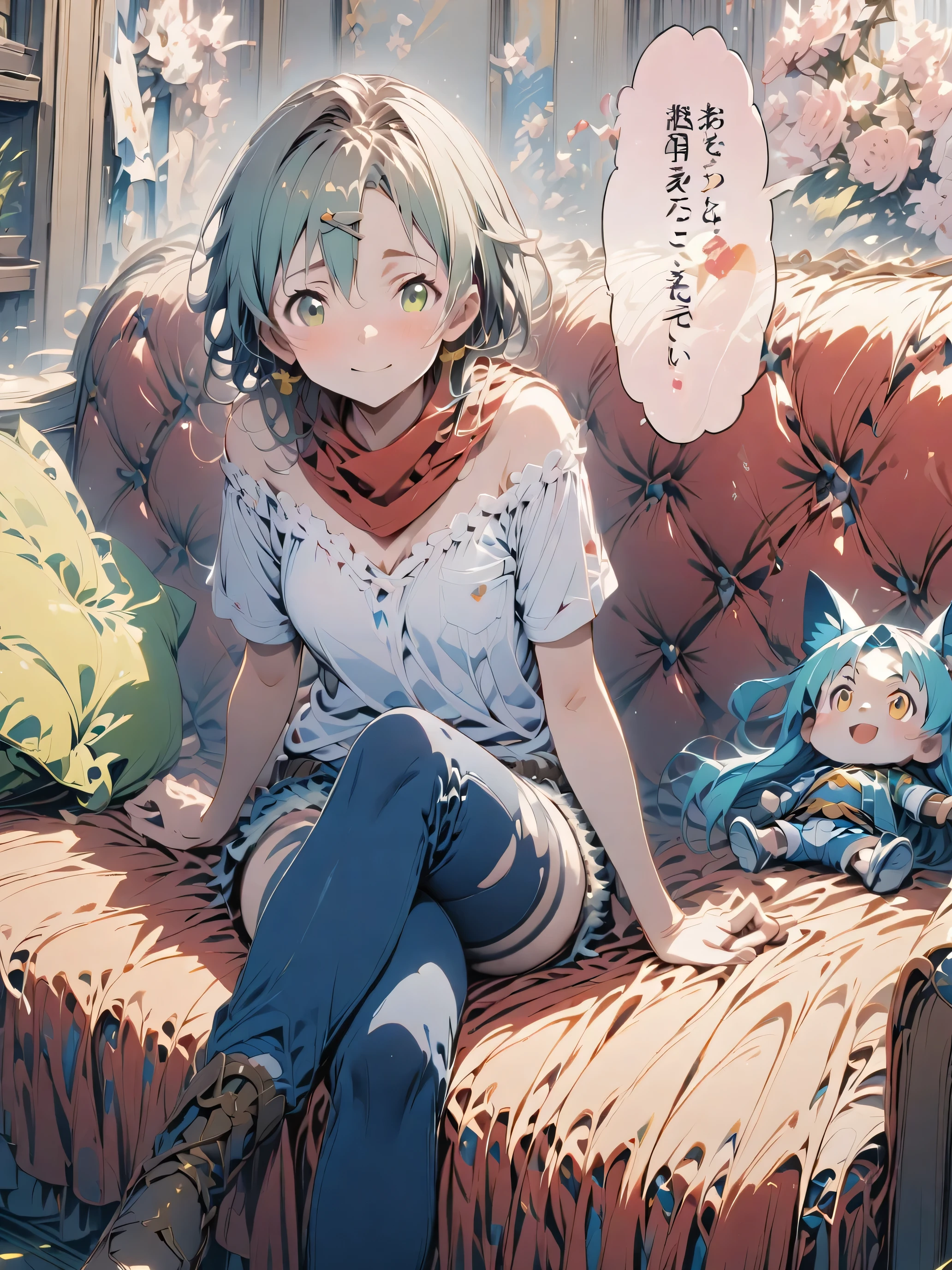 Japanese cartoon, aqua hair with gray highlights, medium breasts, golden eyes, faint smile, denim shorts, scarf, red sweatshirt, blue pants, sitting, cross-legged, smart interior, sitting on the couch , Shino Asada's face, Japanese cartoon Sword Art Online, best quality, 4K
