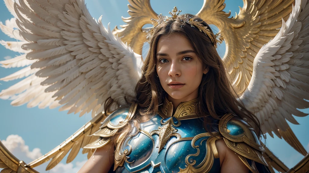 Archangel Michael, ultra-realistic, head-on portrait, gentle demeanor, adorned in gold and blue ornate armor, red cape billowing, majestic white wings unfurled, surrounded by ethereal paradise ambiance, bathed in natural, soft radiant light conveying strength, protection, victory, pastel color palette, low contrast, 4k resolution, cinematic lighting, steeped in surrealism.