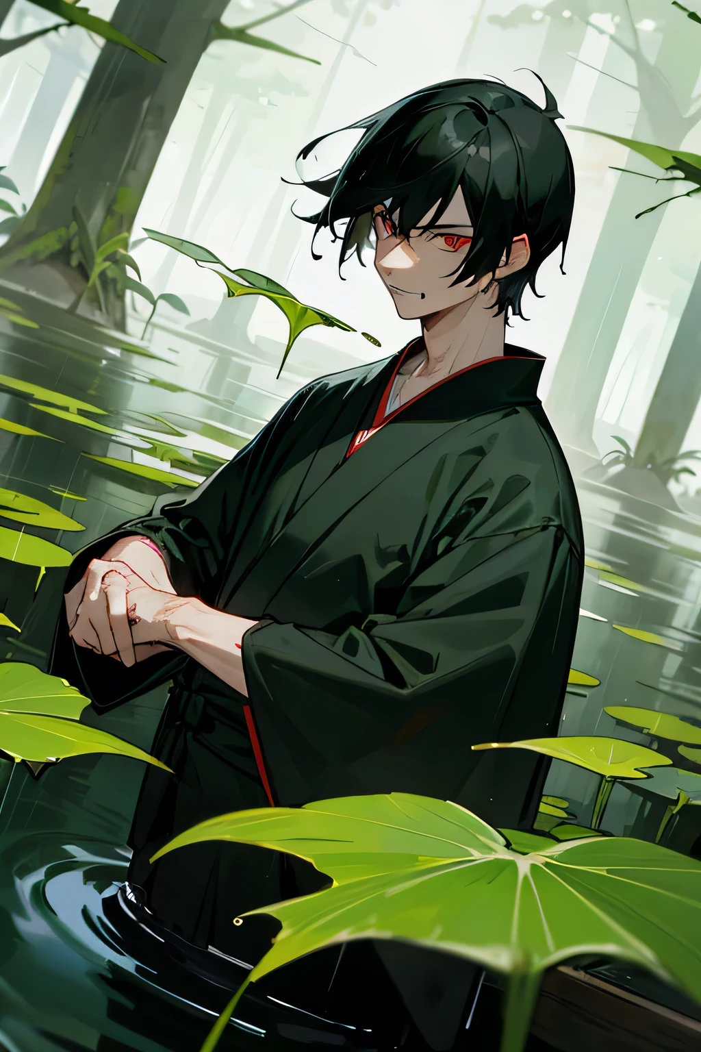 black haired man red ryes eyes like a frog have sharp teeth kimono algae all over the body in the water forest flood rain male