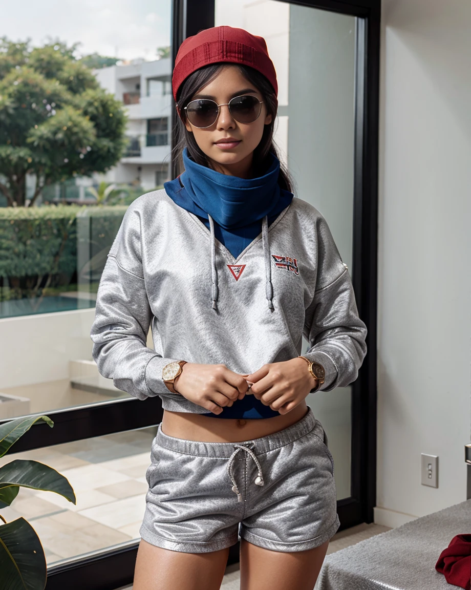 A beautiful young Brazilian girl, extremely pale skin, with straight black hair, ((wearing a red sweatshirt, gray sport shorts, black cap, blue scarf, sunglasses, silver watch):1.5), standing, in a spacious room, with a bed with pink sheets, window overlooking the pool, full body photo, 4k, high quality.