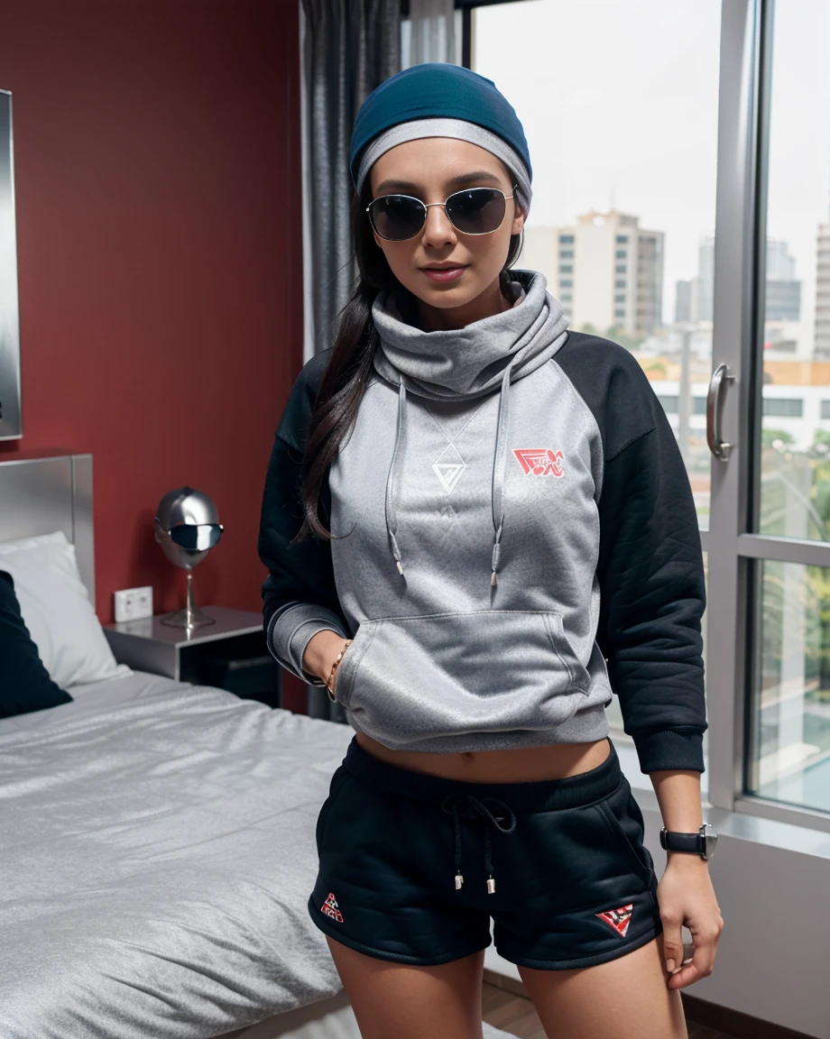 A beautiful young Brazilian girl, extremely pale skin, with straight black hair, ((wearing a red sweatshirt, gray sport shorts, black cap, blue scarf, sunglasses, silver watch):1.5), standing, in a spacious room, with a bed with pink sheets, window overlooking the pool, full body photo, 4k, high quality.