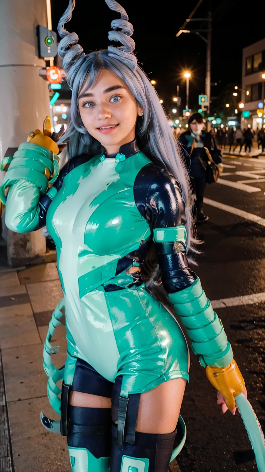 Masterpiece, Best quality, (photorealistic1.4), (UHD), (big breast), (flashphoto), (flash photography), (European model), (young woman), (JenniferConnelly90), (Tokyo Street), (epiCRealLife:1.0), (night time), (Nejire latex bodysuit), 1girl, solo, long hair, blue eyes, (blue hair), (hair bangs), (drill hair, twin drills), (Nejire Hairstyle), hair horns, very long hair , light blue hair, (Nejire Yellow gloves), (cowboy shots), (look at viewers), (Nejire Smile), (from front)