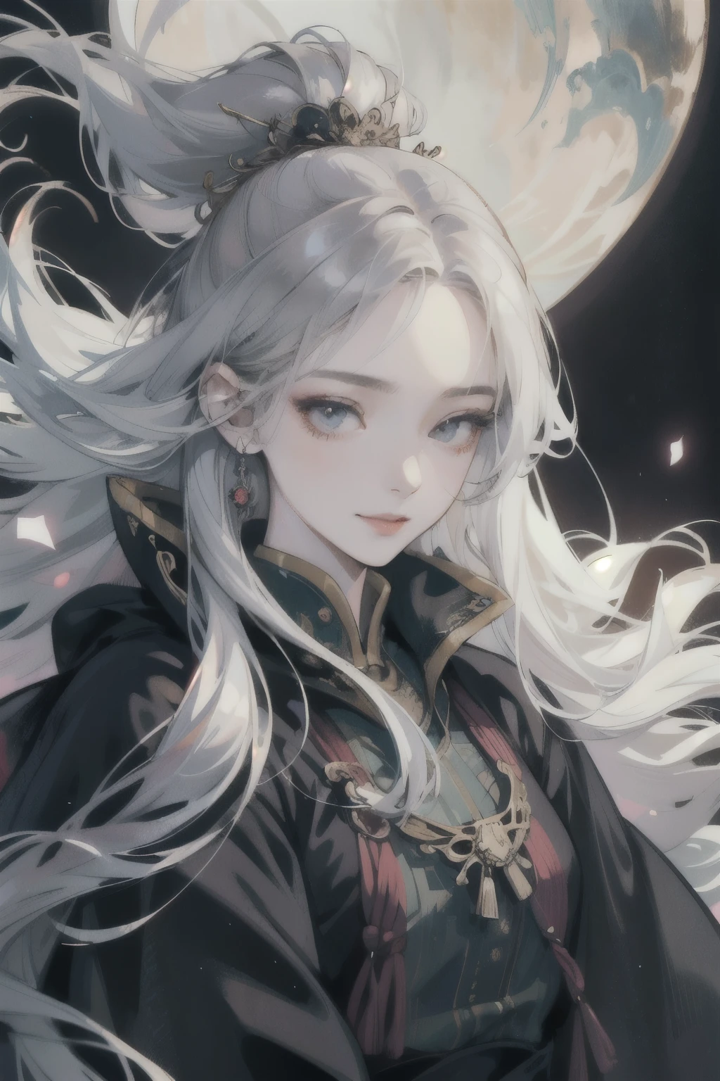 amano yoshitaka, 1girl, solo, closeup portrait, white long hair, floating hair, dark dim dramatic atmosphere, masterpiece, best quality, top quality, ultra-detailed, professional illustration, animation, official art, beautiful and aesthetic, detailed background, hires, smile, happy, the middle ages, european aristocracy