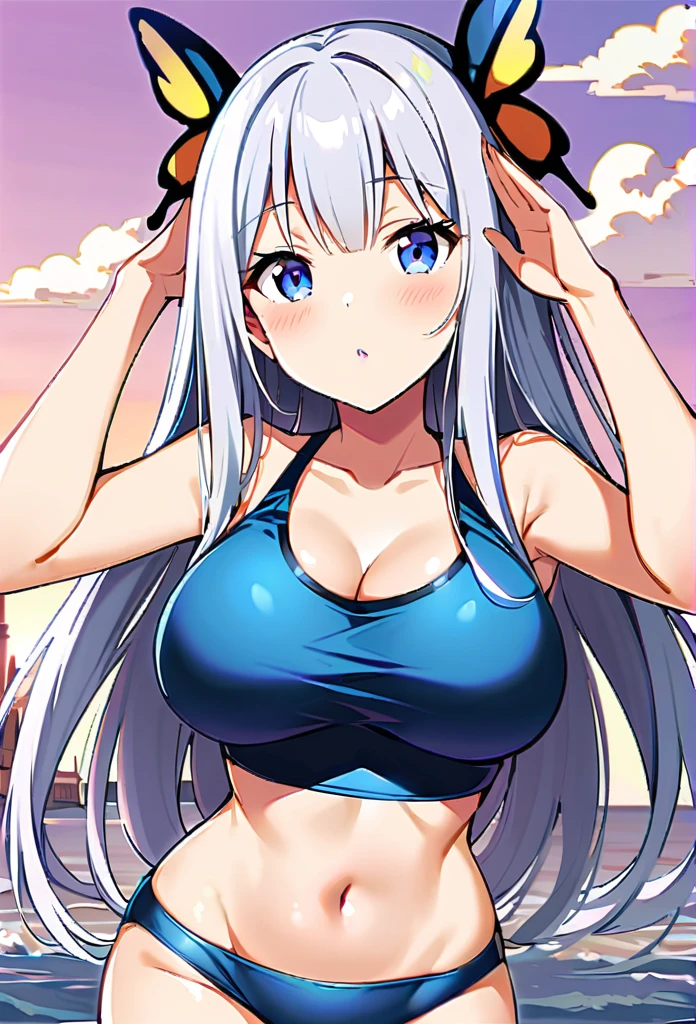 woman、slender、Silver Hair、Long Hair、Butterfly Hair Ornament、Swimwear、Western-style castle、Dark blue eyes、Seaside、Big Breasts、Nyan Nyan Pose、