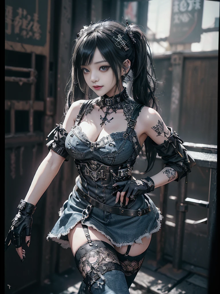(Smiling with teeth showing:1.3),(Shibuya Gal:1.5)、(Beautiful:1.3)、(Gothic Lolita style fashion:1.5)、(Punk RockVisual Kei:1.4)、(Denim and black and white medieval noble mini skirt dress:1.5)、(Denim with black and white medieval gloves and bustier:1.5)、(Denim high heels:1.3)、(Wearing silver accessories:1.5)、(Denim collar:1.4)、(Black Leather Garter Belt:1.4)、(Brown Skin Belt:1.3)、(Black lace underwear:1.5)、30 years old、NSFW、((Highest quality、In 8K、masterpiece:1.3))、Sharp focus:1.2、(Layered Cut、Huge boobs:1.1),Beautiful woman with perfect figure:1.4、(Dancing vigorously:1.3)、Slender Abs:1.2、Highly detailed face and skin texture、Detailed eyes、double eyelid,(Twin tails:1.3)、(Black brown hair:1.3)、Gravure idol、(The background is the Takarazuka Revue stage.:1.3)、(Slim Body:1.2),(Make your legs thinner:1.4),（clavicle:1.1）