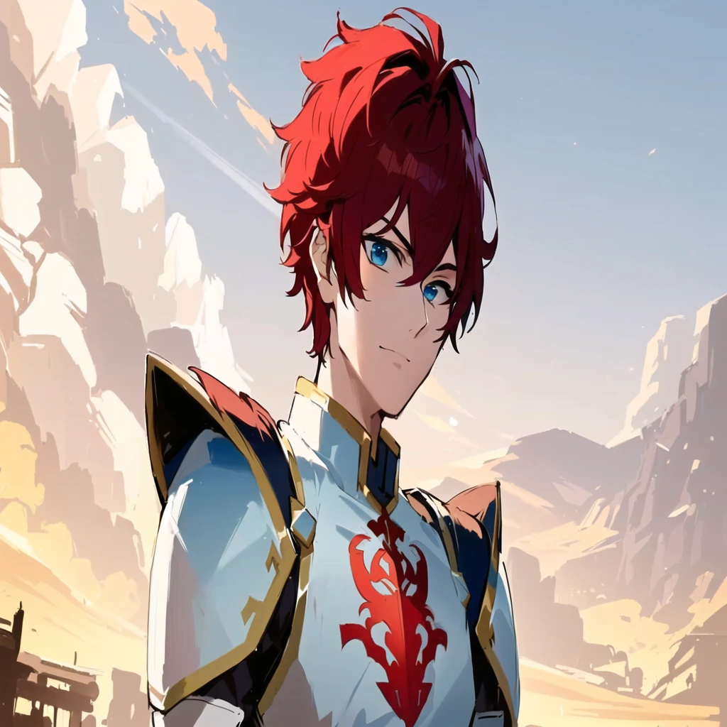 a close-up of a person in armor with a sword, handsome guy in art, maybe the front, male anime character, Cute androgynous prince, impacto genshin do videogame, best anime character design, anime character detailed art, red hair anime boy