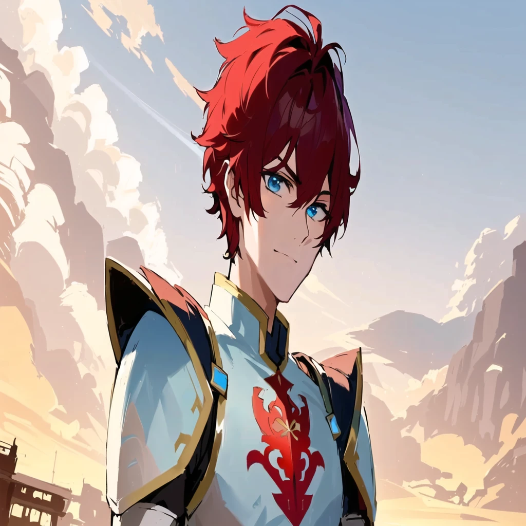 a close-up of a person in armor with a sword, handsome guy in art, maybe the front, male anime character, Cute androgynous prince, impacto genshin do videogame, best anime character design, anime character detailed art, red hair anime boy