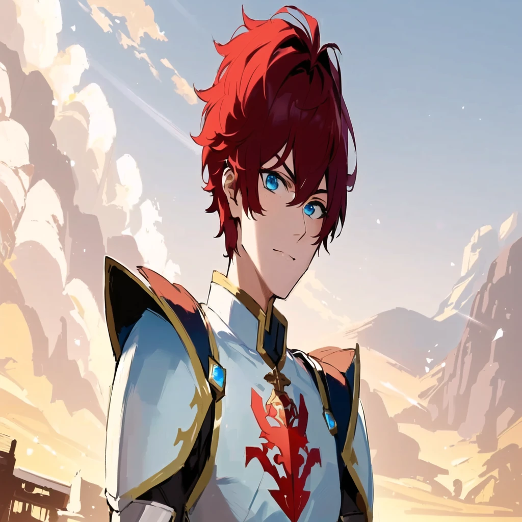 a close-up of a person in armor with a sword, handsome guy in art, maybe the front, male anime character, Cute androgynous prince, impacto genshin do videogame, best anime character design, anime character detailed art, red hair anime boy