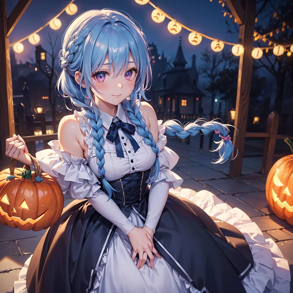 (Light blue medium hair),(Braided hair tied together)、Pink eyes、Fair skin、cowboy shot、Halloween、The background is a pumpkin ghost、Trick or Treat、A lot of sweets、witch、Halloweenナイトパーティー、Candy、Cosplay、A surprising smile、A dignified figure、solo、(masterpiece、Highest quality、Very detailed、Best Shadow)、(Detailed Background)、(Beautifully detailed face)、High contrast、(Best lighting、Very delicate and beautiful)、(Cinematic Light)、colorful、Hyper Detail、Dramatic Light、Exquisite detail、