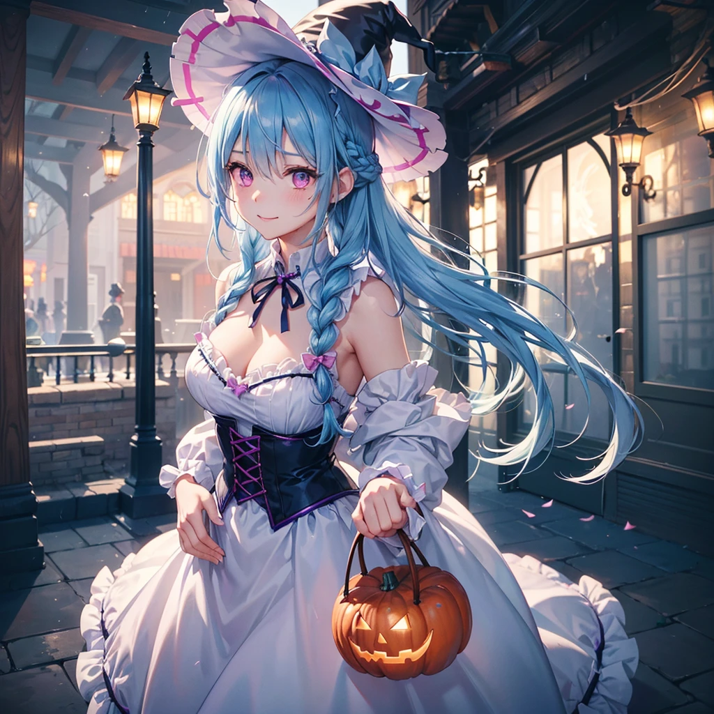 (Light blue medium hair),(Braided hair tied together)、Pink eyes、Fair skin、cowboy shot、Halloween、The background is a pumpkin ghost、Trick or Treat、A lot of sweets、witch、Halloweenナイトパーティー、Candy、Cosplay、A surprising smile、A dignified figure、solo、(masterpiece、Highest quality、Very detailed、Best Shadow)、(Detailed Background)、(Beautifully detailed face)、High contrast、(Best lighting、Very delicate and beautiful)、(Cinematic Light)、colorful、Hyper Detail、Dramatic Light、Exquisite detail、