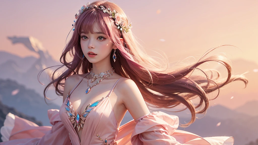 Highest quality，masterpiece，K，One girl, bangs, Exposing shoulders, chest, flower, dress, From the side, gem,Colorful crystals,Crystal Headwear,There are many 結晶s on the clothes,Colorful gradient hair,カラフルなdress,Colorful crystals floating,Body crystals,Crystal Necklace,Colorful crystallization decoration,crystalline girl, jewelry, Long Hair, compensate, medium chest, Pink Hair, alone, Pale pink and pale orange background,