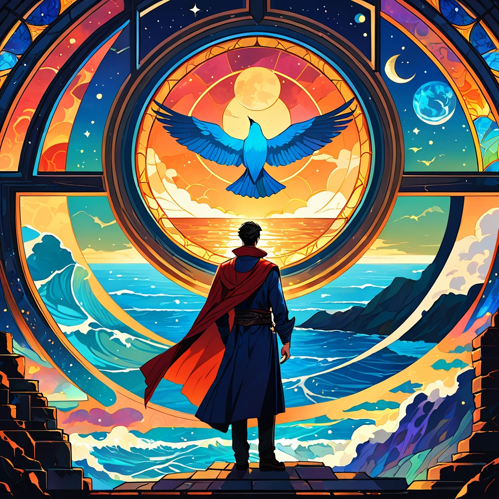 Marvel, ((((Doctor Strange from Marvel)))), A man with fair skin, jet-black hair with gray streaks at the sides, and a goatee. He is wearing a long red cloak with a high standing collar and a dark suit with blue trim. The man is standing in profile, holding a dreamcatcher with both hands in front of him. Behind him is a stained glass window in the shape of a bird silhouette. The window's cells show different worlds like sunsets, space, the ocean, and other landscapes, but maintain the color palette of the pattern.", The overall style of the artwork is reminiscent of fantasy or supernatural genres, realistically, dynamic lights, old, gray stubble, full shoot, (extremely detailed CG unity 8k wallpaper), trending on ArtStation, trending on CGSociety, High Detail, Sharp focus, dramatic, photorealistic