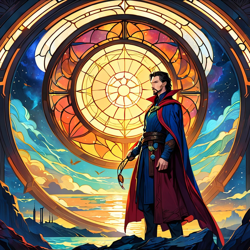 Marvel, ((((Doctor Strange from Marvel)))), A man with fair skin, jet-black hair with gray streaks at the sides, and a goatee. He is wearing a long red cloak with a high standing collar and a dark suit with blue trim. The man is standing in profile, holding a dreamcatcher with both hands in front of him. Behind him is a stained glass window in the shape of a bird silhouette. The window's cells show different worlds like sunsets, space, the ocean, and other landscapes, but maintain the color palette of the pattern.", The overall style of the artwork is reminiscent of fantasy or supernatural genres, realistically, dynamic lights, old, gray stubble, full shoot, (extremely detailed CG unity 8k wallpaper), trending on ArtStation, trending on CGSociety, High Detail, Sharp focus, dramatic, photorealistic