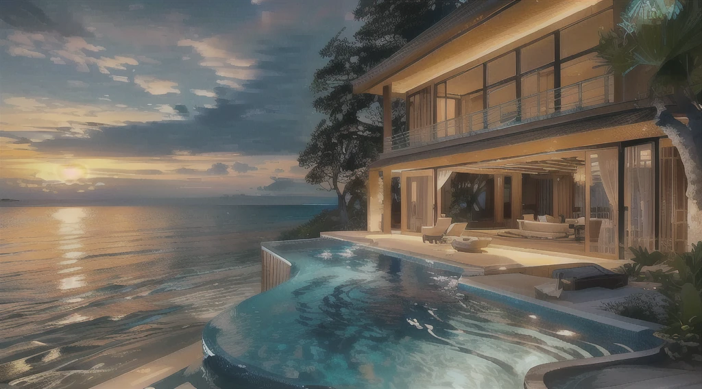 arafed view of a house with a pool and a sunset, built around ocean, overlooking the ocean, beachfront mansion, luxury lifestyle, luxury architecture, luxurious environment, next to the reflecting ocean, infinity pool, ocean view, architectural visualization, luxury hd render, epic and stunning, paradise in the background, high quality rendering, beautiful place, perfectly detailed