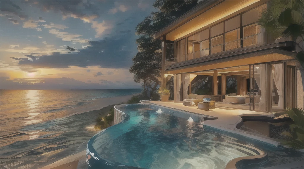 arafed view of a house with a pool and a sunset, built around ocean, overlooking the ocean, beachfront mansion, luxury lifestyle, luxury architecture, luxurious environment, next to the reflecting ocean, infinity pool, ocean view, architectural visualization, luxury hd render, epic and stunning, paradise in the background, high quality rendering, beautiful place, perfectly detailed