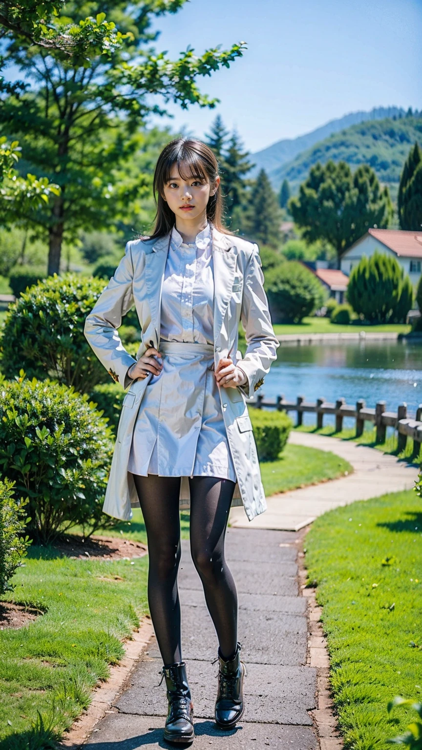 (8k、RAW Photos、Highest quality、masterpiece:1.2)、(Realistic、Realistic)、1 girl、((mini skirt、Blonde、pink long coat、黒one piece、Thin legs、whole body、boots、one piece、tights、garden、View from the front、Looking into the camera、Stand with hands on hips))、cute