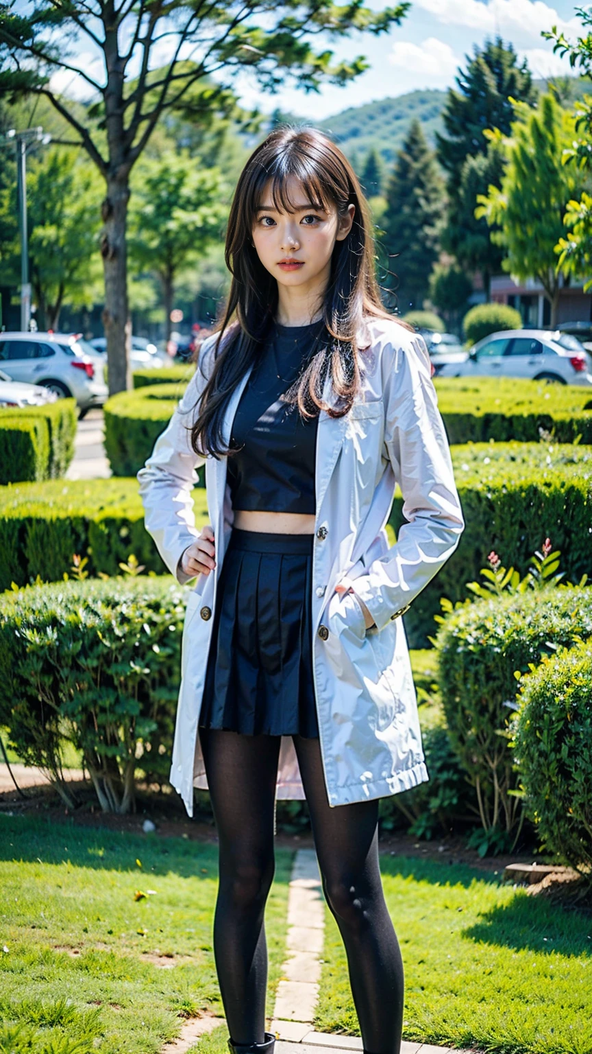 (8k、RAW Photos、Highest quality、masterpiece:1.2)、(Realistic、Realistic)、1 girl、((mini skirt、Blonde、pink long coat、黒one piece、Thin legs、whole body、boots、one piece、tights、garden、View from the front、Looking into the camera、Stand with hands on hips))、cute